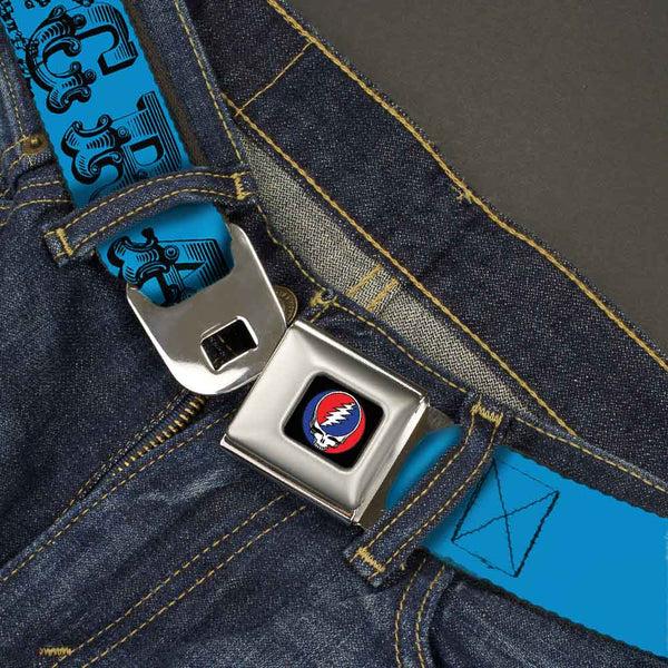 Buckle Down Steal Your Face Seatbelt Belt - Grateful Dead Text W/Skull & Roses Turquoise Webbing