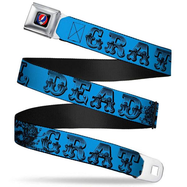 buckle down Steal Your Face Seatbelt Belt - Grateful Dead Text w/Skull & Roses Turquoise Webbing