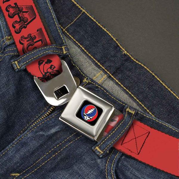Buckle Down Steal Your Face Seatbelt Belt - Grateful Dead Text W/Skull & Roses Red Webbing