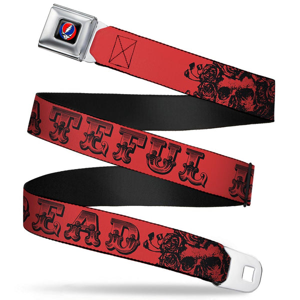 buckle down Steal Your Face Seatbelt Belt - Grateful Dead Text w/Skull & Roses Red Webbing