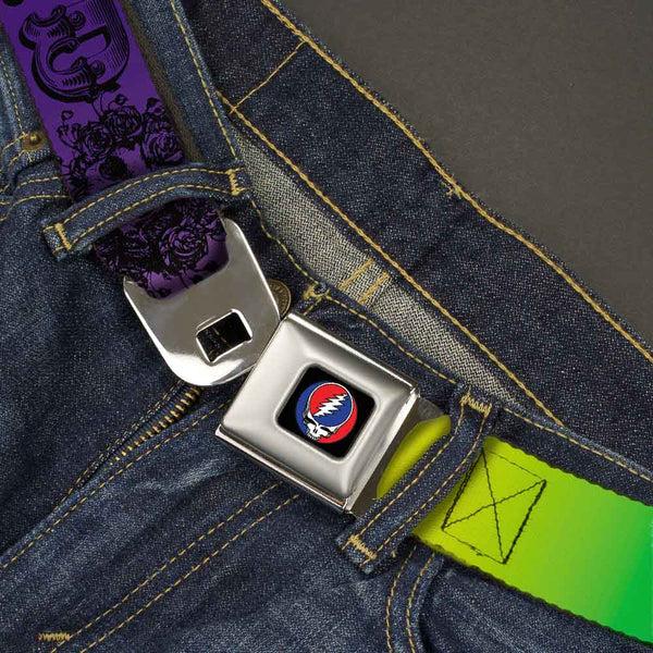 Buckle Down Steal Your Face Seatbelt Belt - Grateful Dead Text W/Skull & Roses Rainbow Fade Webbing