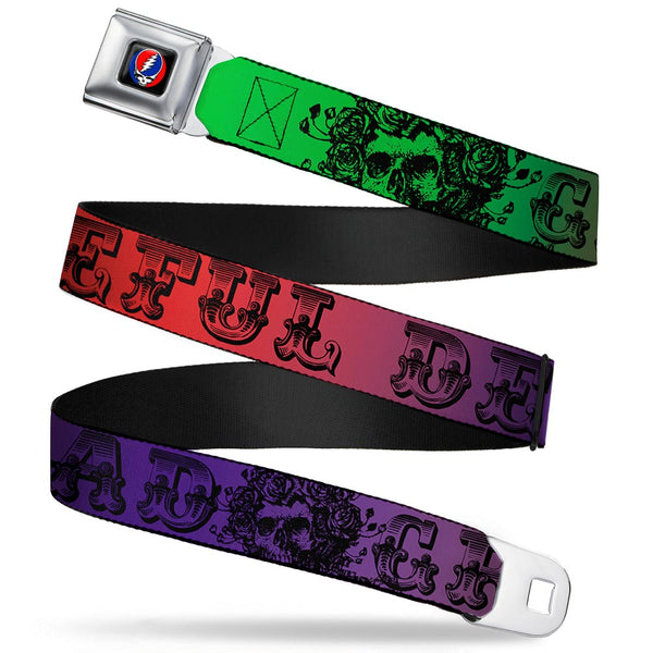 buckle down Steal Your Face Seatbelt Belt - Grateful Dead Text w/Skull & Roses Rainbow Fade Webbing
