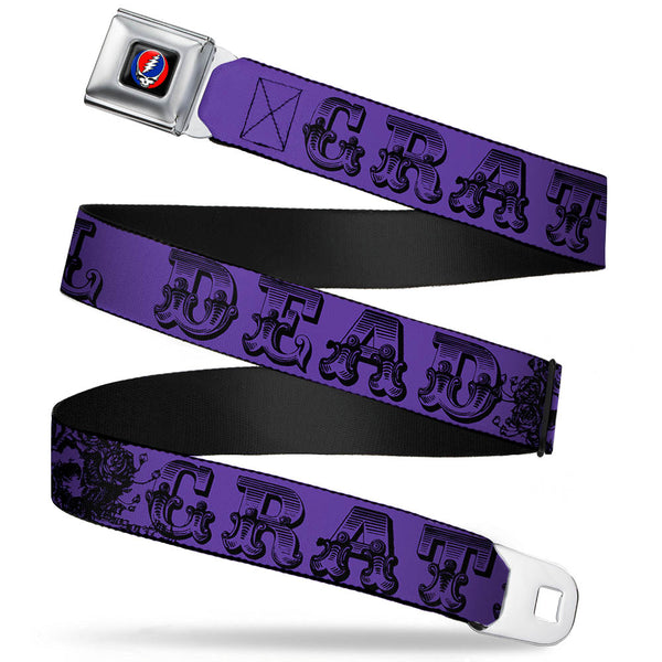buckle down Steal Your Face Seatbelt Belt - Grateful Dead Text w/Skull & Roses Purple Webbing