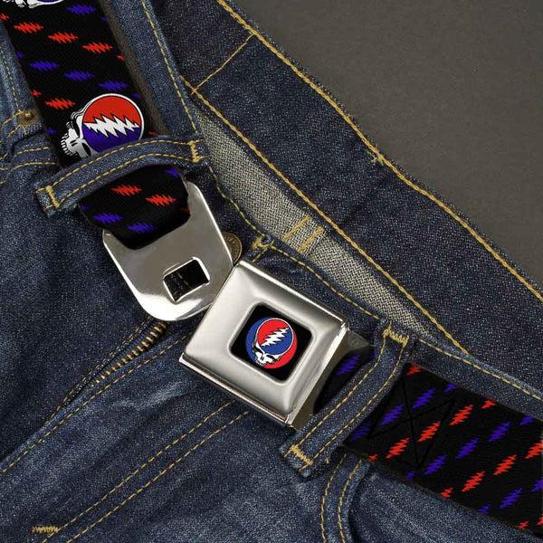 Buckle Down Steal Your Face Seatbelt Belt - Steal Your Face Repeat W/Mini Lightning Bolt Black/Red/White/Blue Webbing