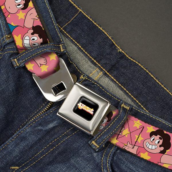 Buckle Down STEVEN UNIVERSE Title Logo Full Color Black Seatbelt Belt - Steven Universe Poses And Stars Pink/Yellow Webbing