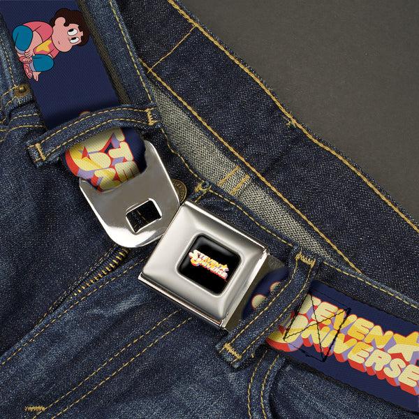 Buckle Down STEVEN UNIVERSE Title Logo Full Color Black Seatbelt Belt - STEVEN UNIVERSE Sitting Pose And Title Logo Navy Blue Webbing