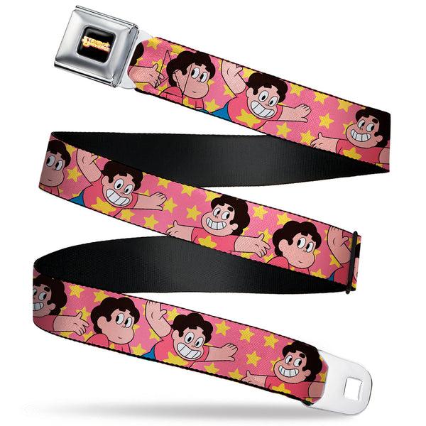 buckle down STEVEN UNIVERSE Title Logo Full Color Black Seatbelt Belt - Steven Universe Poses and Stars Pink/Yellow Webbing