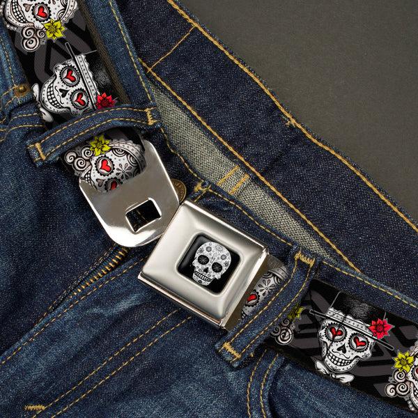 Buckle Down Sugar Skull Full Color Black/White/Gray Seatbelt Belt - Los Novios Black/Gray/White/Multi Color Webbing