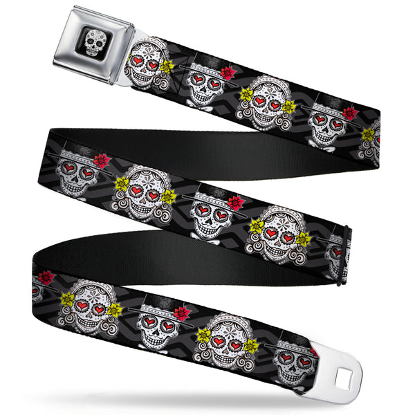 buckle down Sugar Skull Full Color Black/White/Gray Seatbelt Belt - Los Novios Black/Gray/White/Multi Color Webbing