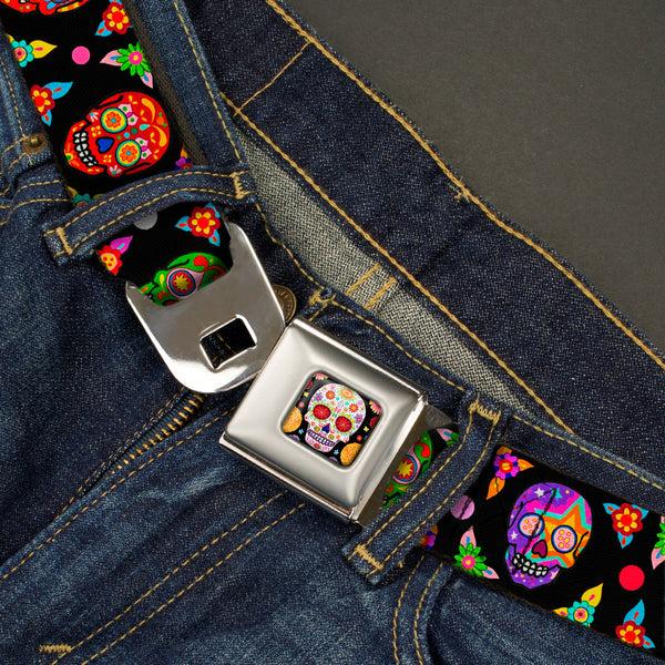 Buckle Down Sugar Skull Starburst Full Color Black/Multi Color Seatbelt Belt - Colorful Calaveras Black/Multi Color Webbing