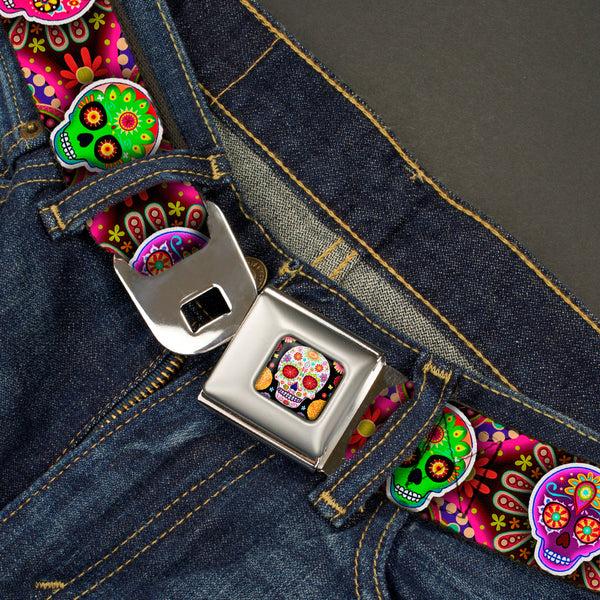 Buckle Down Sugar Skull Starburst Full Color Black/Multi Color Seatbelt Belt - Six Sugar Skulls Multi Color Webbing