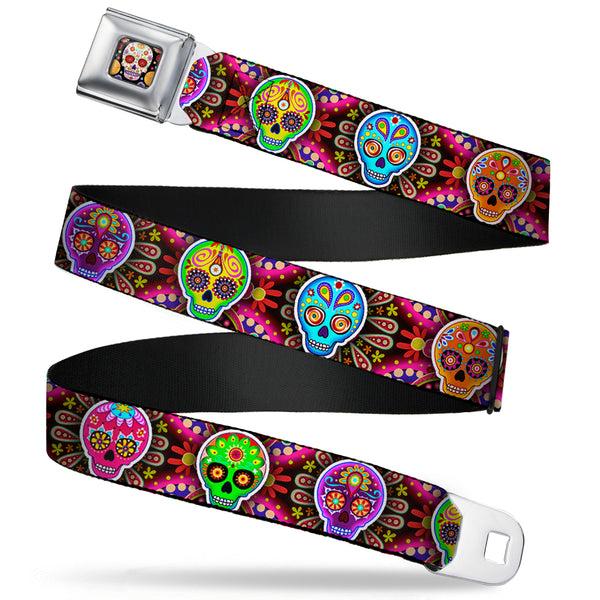 buckle down Sugar Skull Starburst Full Color Black/Multi Color Seatbelt Belt - Six Sugar Skulls Multi Color Webbing