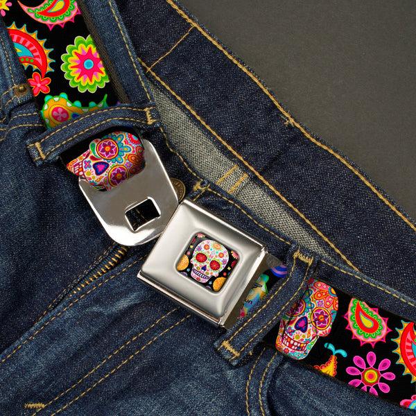 Buckle Down Sugar Skull Starburst Full Color Black/Multi Color Seatbelt Belt - Bobo Sugar Skull/Paisley Black/Multi Color Webbing
