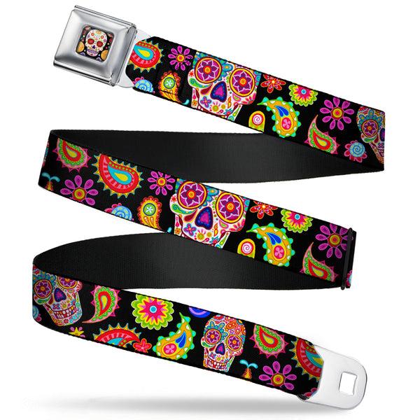 buckle down Sugar Skull Starburst Full Color Black/Multi Color Seatbelt Belt - Bobo Sugar Skull/Paisley Black/Multi Color Webbing