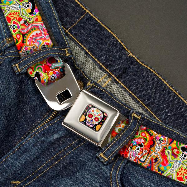 Buckle Down Sugar Skull Starburst Full Color Black/Multi Color Seatbelt Belt - Dancing Catrinas Collage Multi Color Webbing