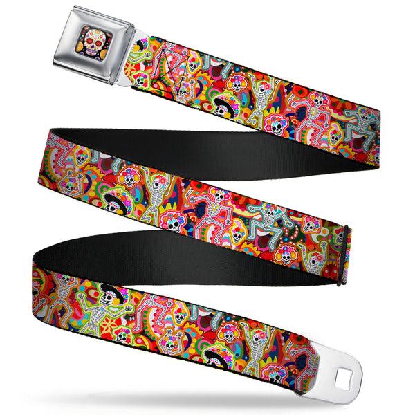 Buckle Down Sugar Skull Starburst Full Color Black/Multi Color Seatbelt Belt - Dancing Catrinas Collage Multi Color Webbing