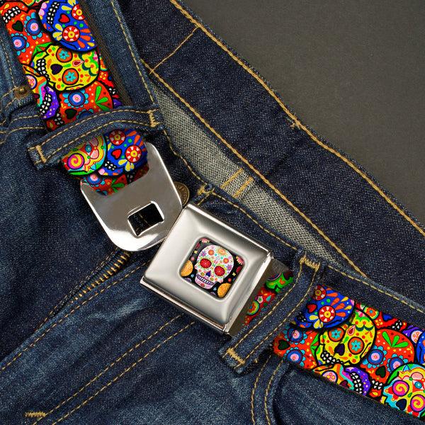 Buckle Down Sugar Skull Starburst Full Color Black/Multi Color Seatbelt Belt - Colorful Calaveras Stacked Multi Color Webbing