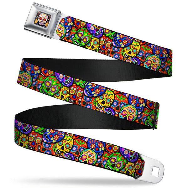 buckle down Sugar Skull Starburst Full Color Black/Multi Color Seatbelt Belt - Colorful Calaveras Stacked Multi Color Webbing