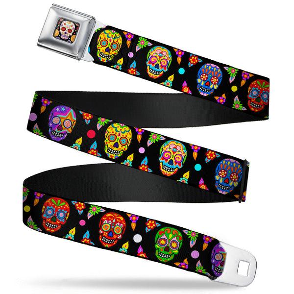 buckle down Sugar Skull Starburst Full Color Black/Multi Color Seatbelt Belt - Colorful Calaveras Black/Multi Color Webbing