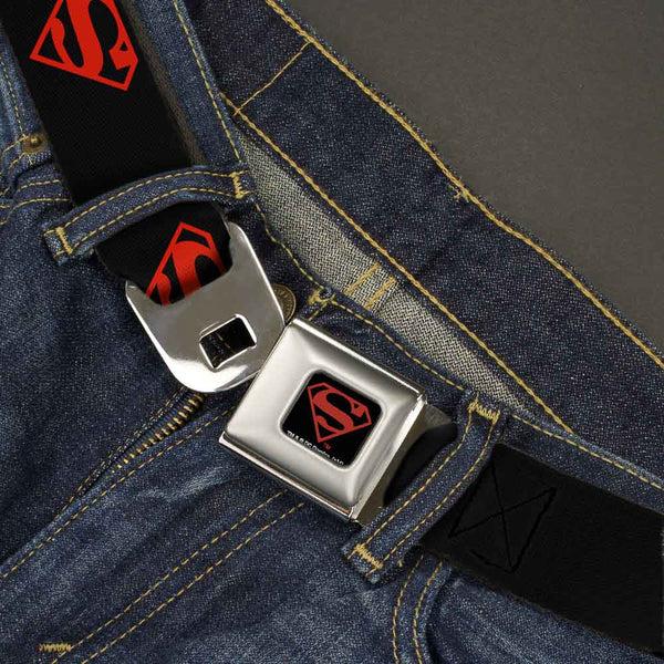 Buckle Down Superboy Shield Full Color Black/Red Seatbelt Belt - Superboy Shield Black/Red Webbing