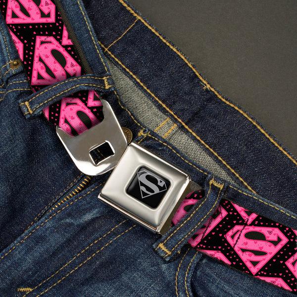 Buckle Down Superman Black Silver Seatbelt Belt - Diagonal Superman Logo W/Hearts Black/Pink Webbing