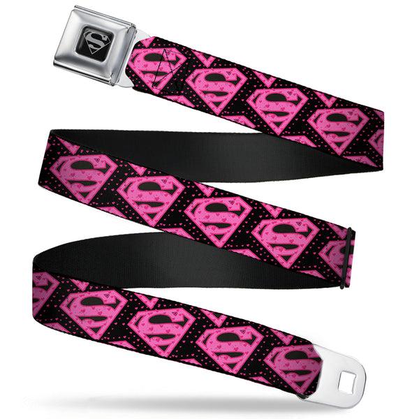 buckle down Superman Black Silver Seatbelt Belt - Diagonal Superman Logo w/Hearts Black/Pink Webbing