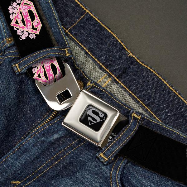 Buckle Down Superman Black Silver Seatbelt Belt - Super Shield Hibiscus Design Black/Pink Webbing
