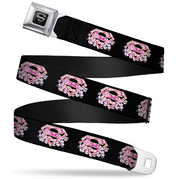 buckle down Superman Black Silver Seatbelt Belt - Super Shield Hibiscus Design Black/Pink Webbing