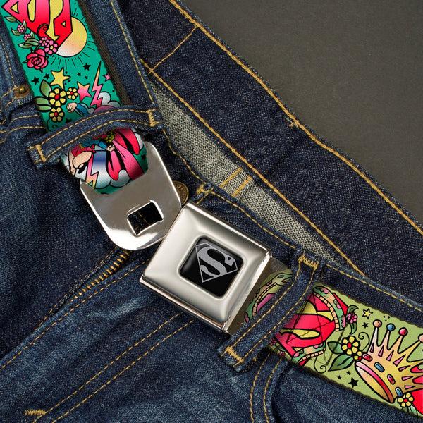 Buckle Down Superman Black Silver Seatbelt Belt - Supergirl Tattoo Scene Webbing