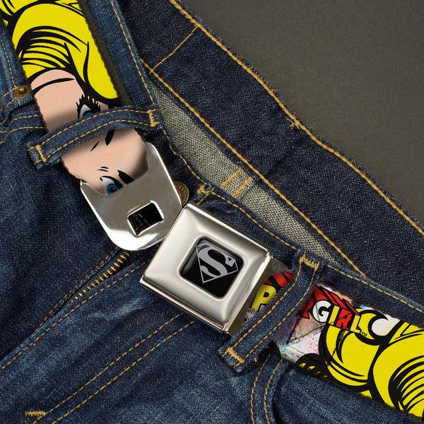 Buckle Down Superman Black Silver Seatbelt Belt - SUPERGIRL W/Face CLOSE-UP Webbing