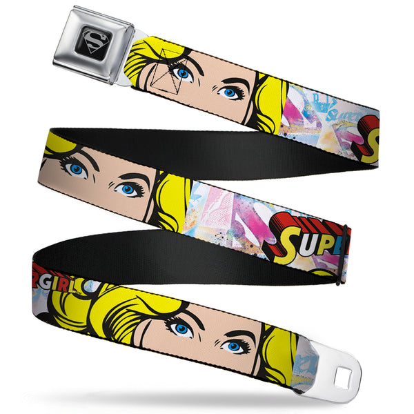 buckle down Superman Black Silver Seatbelt Belt - SUPERGIRL w/Face CLOSE-UP Webbing