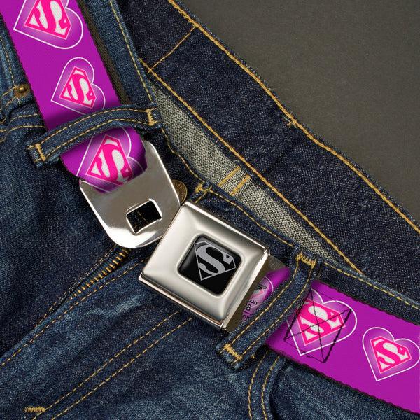Buckle Down Superman Black Silver Seatbelt Belt - Superman Logo In Heart Purple/White/Pink Webbing