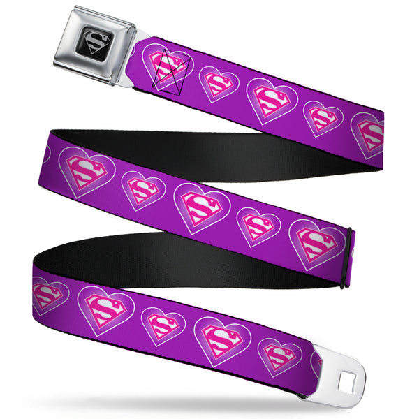 buckle down Superman Black Silver Seatbelt Belt - Superman Logo in Heart Purple/White/Pink Webbing