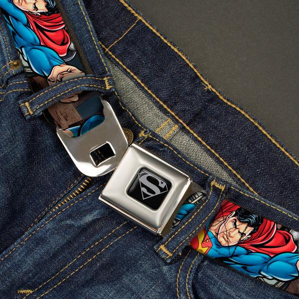Buckle Down Superman Black Silver Seatbelt Belt - Superman Metropolis Face-Off Webbing