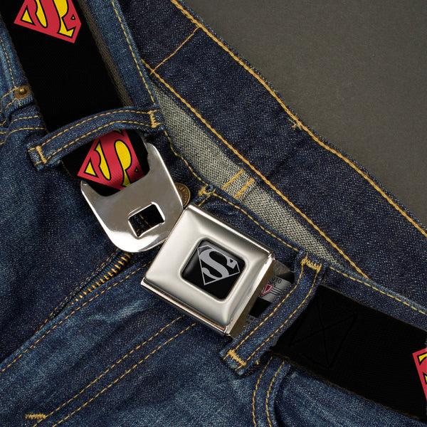 Buckle Down Superman Black Silver Seatbelt Belt - Superman Shield Black Webbing