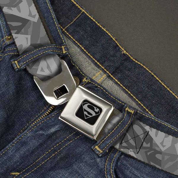 Buckle Down Superman Black Silver Seatbelt Belt - Superman Shield Camouflage Grays Webbing