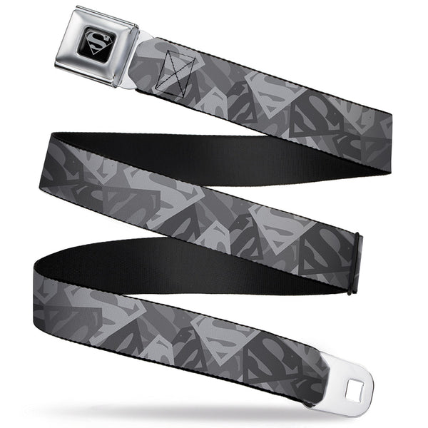 buckle down Superman Black Silver Seatbelt Belt - Superman Shield Camouflage Grays Webbing