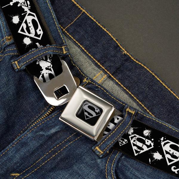 Buckle Down Superman Black Silver Seatbelt Belt - Superman Shield Splatter Black/White Webbing