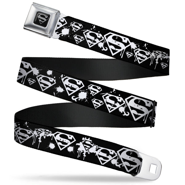 buckle down Superman Black Silver Seatbelt Belt - Superman Shield Splatter Black/White Webbing