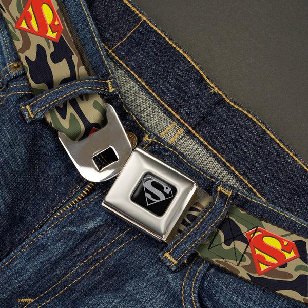 Buckle Down Superman Black Silver Seatbelt Belt - Superman Shield Camo Olive Webbing