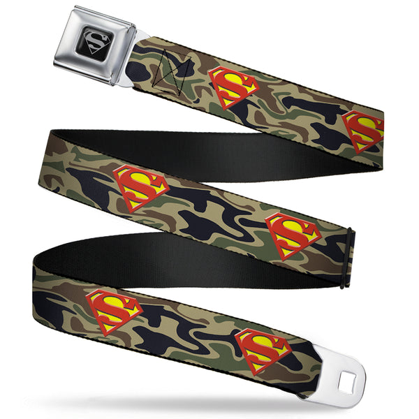 buckle down Superman Black Silver Seatbelt Belt - Superman Shield Camo Olive Webbing