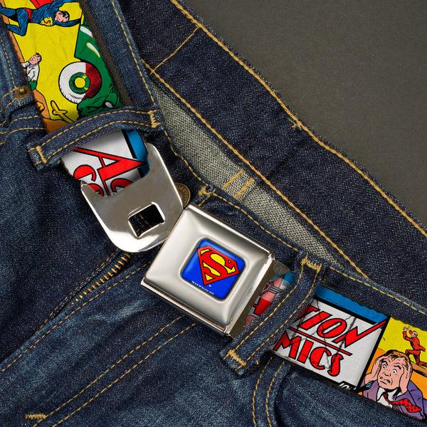 Buckle Down Superman Full Color Blue Seatbelt Belt - Classic ACTION COMICS Issue #1 Cover Superman Lifting Car Stacked Webbing
