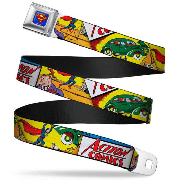 buckle down Superman Full Color Blue Seatbelt Belt - Classic ACTION COMICS Issue #1 Cover Superman Lifting Car Stacked Webbing