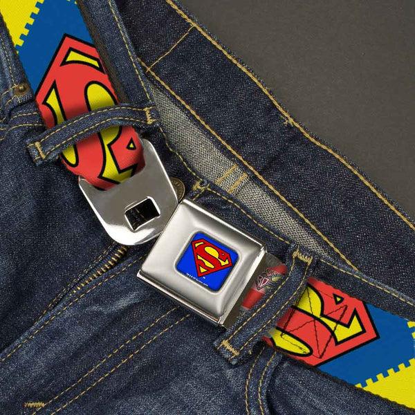 Buckle Down Superman Full Color Blue Seatbelt Belt - Jagged Superman Shield CLOSE-UP Yellow/Blue/Red Webbing
