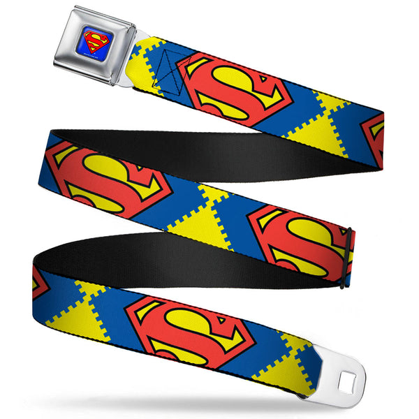buckle down Superman Full Color Blue Seatbelt Belt - Jagged Superman Shield CLOSE-UP Yellow/Blue/Red Webbing