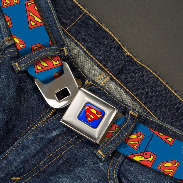 Buckle Down Superman Full Color Blue Seatbelt Belt - Super Shield Diagonal Royal Blue/Red Webbing