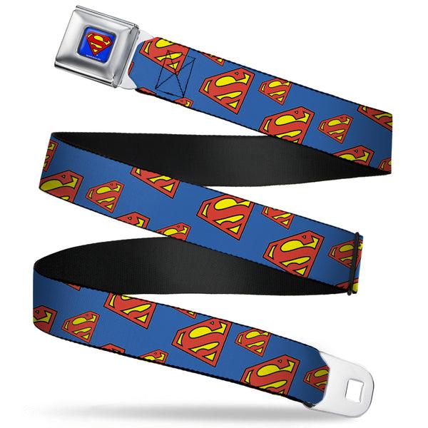 buckle down Superman Full Color Blue Seatbelt Belt - Super Shield Diagonal Royal Blue/Red Webbing