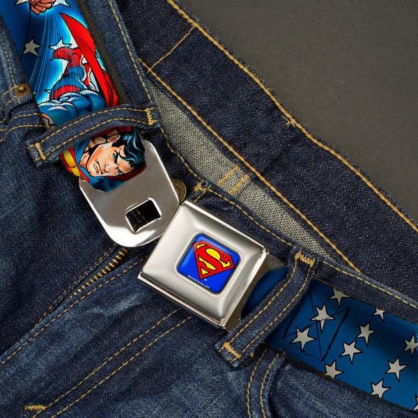 Buckle Down Superman Full Color Blue Seatbelt Belt - Superman Action Poses/Stars & Stripes Webbing