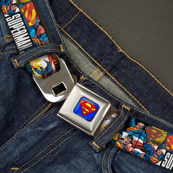 Buckle Down Superman Full Color Blue Seatbelt Belt - SUPERMAN Action Blocks White Webbing