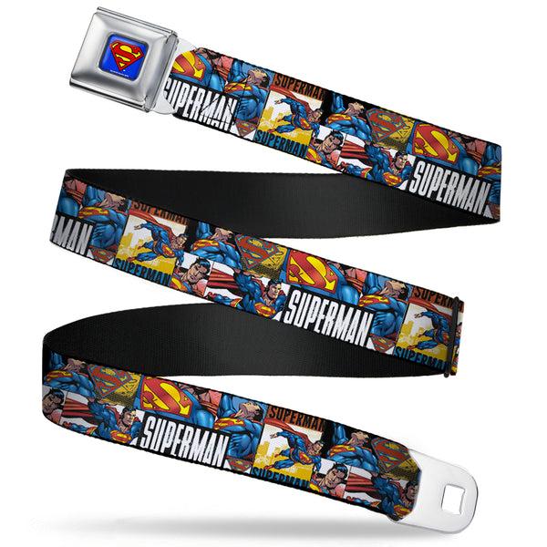 buckle down Superman Full Color Blue Seatbelt Belt - SUPERMAN Action Blocks White Webbing